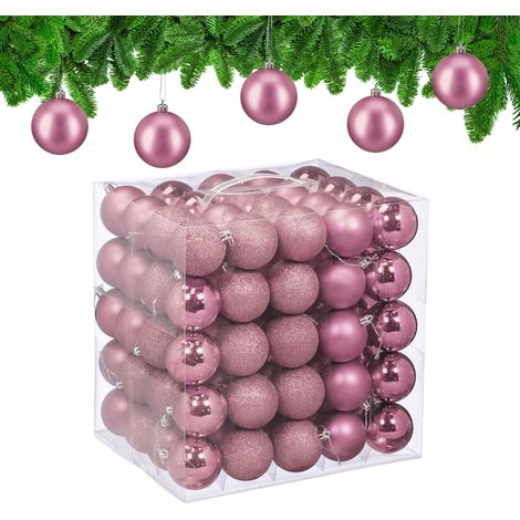 Relaxdays Bolas Árbol Navidad, Set de 100, Plástico, Brillantes y Mates, 6 cm Ø, Adornos Navideños Redondos, Rosa (1/5)