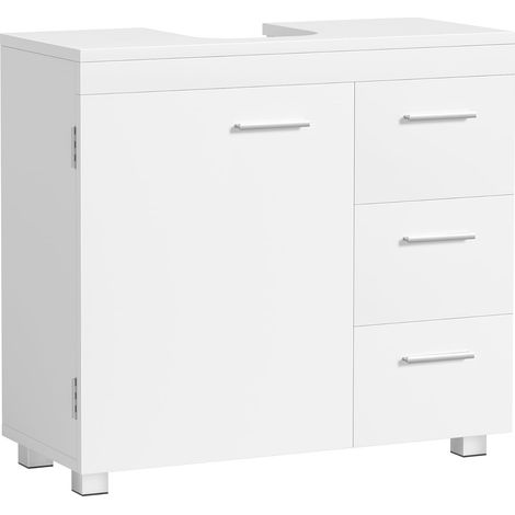 Meuble sous Lavabo, Meuble de Salle de Bain, 3 Tiroirs Latéraux, 2 Cases Derrière la Porte, pour Lavabos sur Colonne, avec Pieds, 30 x 70 x 64 cm, Blanc Nuage (1/5)