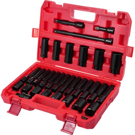Juego de llaves de impacto de 1/2" (45 piezas), acero al cromo vanadio, tamaños de 9 a 32 mm, profundas y superficiales, grabado electroforético (rojo).