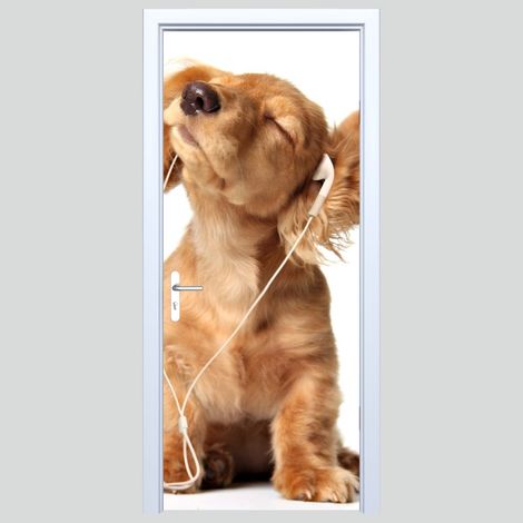 Adhesivo de tela para puerta con un perro con auriculares 235PD