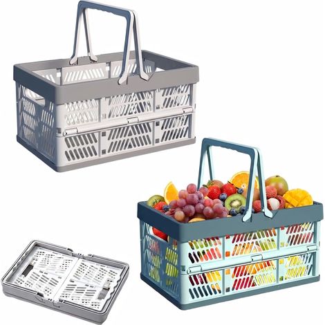 Lot de 2 petits paniers pliants avec poignée - Panier à provisions pliable en plastique - Petit panier avec anse - Panier pliable stable pour le shopping, le camping, la cuisine, la salle de bain (38 (1/4)