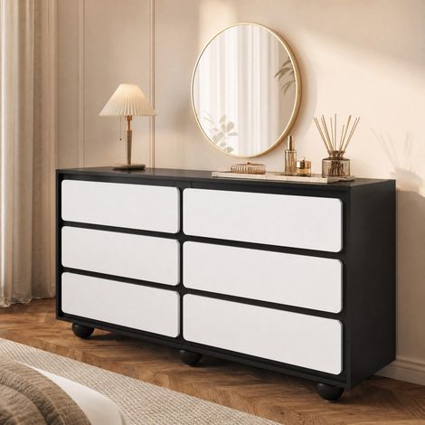 Commode moderne à six tiroirs, buffet de rangement blanc et noir avec structure en panneaux de particules, pieds métal, bords arrondis, 140 x 38 x 74,5 cm-FLORAGRACE (1/5)