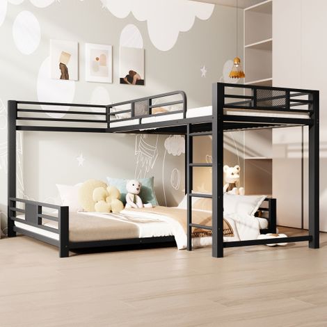 L-förmiges Metall-Etagenbett 90x200 über 140x200, Schwarz