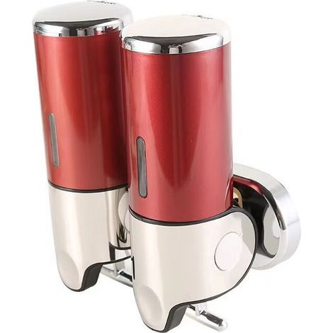 (rouge) 500ML x 2 Distributeur de Savon Mural, Distributeur de Savon à Mains à Double Tête Distributeur Liquide Gel Douche Shampoo pour Cuisine Salle de Bains Hotel (1/5)
