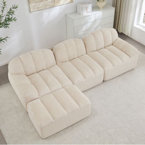 Canapé modulaire d’angle 3 places beige blanc en polaire granulée avec ottomane (1/5)