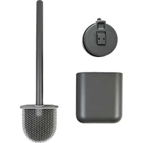Brosse WC Silicone Plate et Flexible, Balai Toilettes WC avec Support à Séchage Rapide, Fixation Murale sans Perçage ou au Sol, Fixation par Ventouse, Nettoyage Salle de Bain (Gris Acier) (1/5)