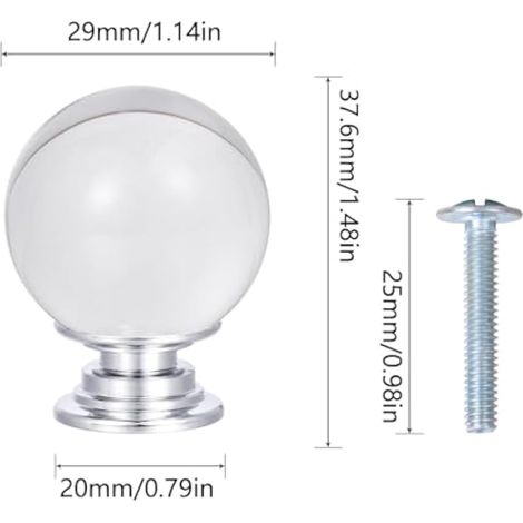 Lot de 8 poignées de porte en cristal, boules de cristal transparent de 29 mm avec vis pour meubles et commodes (transparent) (1/5)