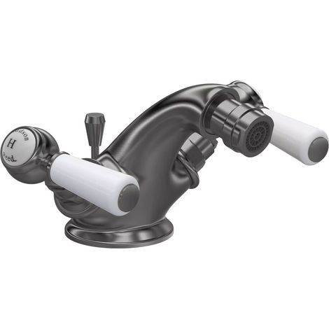 Hudson Reed Topaz Hexagonal Collar Bidet Mixer Tap with Waste Lever Handle - White/Brushed Pewter (1/2)