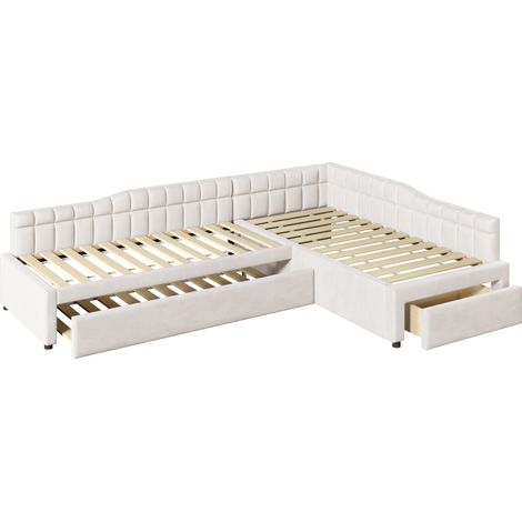 Cama tapizada en L 90x200 con cama nido 90x190, cajones y suave revestimiento beige HOMVRA (1/5)