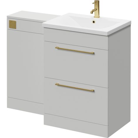 Napoli 460 Gloss Grey Pearl 1100mm 2 Drawer Vanity Unit Toilet Suite with Glide Basin - 1100mm - Brushed Brass 320mm HandleWithout Kingston Toilet Pan
