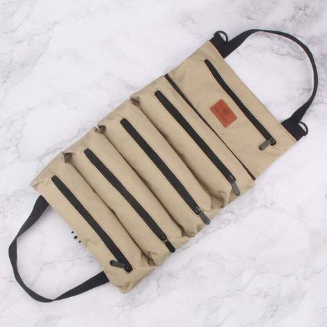 Enowelir Roll-Up Werkzeugtasche aus Canvas mit 5 Reißverschlusstaschen, vielseitig, khakifarben (1/4)