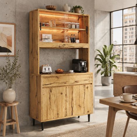 Aparador alto 100 x 40 x 185 cm con enchufe, USB-C/USB-A y luz LED roble OKMYHOME (1/5)