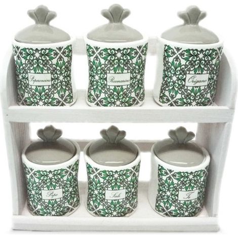 Set 6 Barattoli Contenitori Spezie in Ceramica Decoro Agadir + Mensola (1/3)