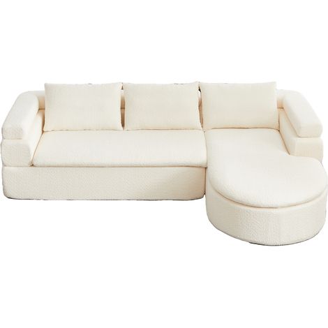 Canapé d'angle avec méridienne en tissu beige, design arrondi esprit nuage, accoudoirs étagés, montage sans outils, pour salon moderne CHICFURN (1/5)