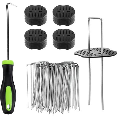 Lot de 100 Piquets de Fixation pour Jardin – 150 x 36 mm Piquets en Acier Galvanisé Forme de U avec 100 Rondelles et 1 Crochet, pour Toile de Paillage, Grillage et Gazon Artificiel (1/5)