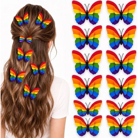 Pinces à cheveux papillon 3D - Lot de 12 (7 x 4 cm) - Pinces à cheveux arc-en-ciel pour festivals, fierté et fêtes - Accessoires pour cheveux légers (1/3)