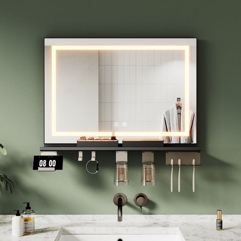 SIRHONA 70×50cm Miroir lumineux de salle de bain avec étagère de rangement, antibuée, éclairage 3 couleurs, éclairage réglable, bande lumineuse 4 côtés