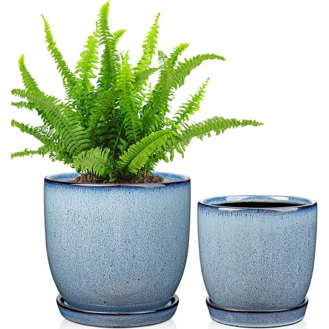 Lot de 2 pots de plantes en céramique de 12 cm et 15 cm pour intérieur avec trous de drainage et soucoupe de pot, pots de fleurs décoratifs, pot de jardin bleu pour plantes succulentes, cactus (1/5)