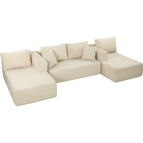 Canapé Modulaire en U Compressé 337 cm, Canapé Convertible 4 places en Velours Côtelé, Assise Large, Crème (1/5)