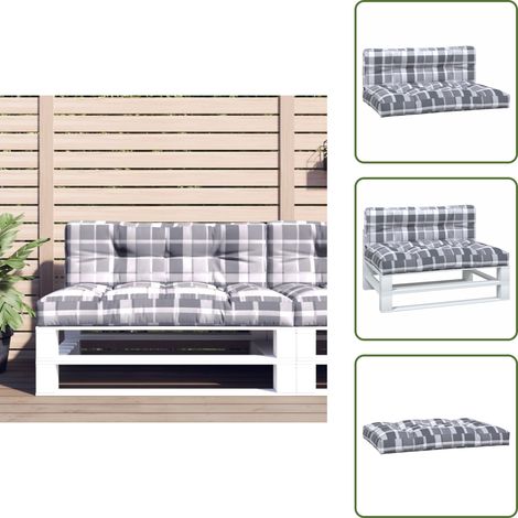 The Living Store Coussins de palette lot de 2 motif à carreaux gris tissu - Coussins Exterieurs - Coussins De Terrasse - Coussin Chaise Longue - Coussin Décoratif - Cushions Design