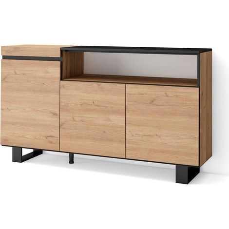 Skraut Home – Buffet salon et cuisine 150x35x87cm – 3 portes – Rangement chêne et noir – Design industriel moderne – Pieds en métal (1/5)