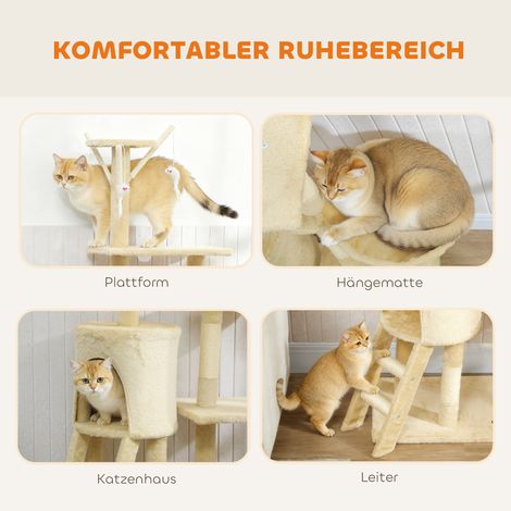 Arbre à chat avec cachette, 4 jouets, poteaux en sisal, grande plateforme, escalier, pour chats de moins de 5 kg, Beige (1/5)