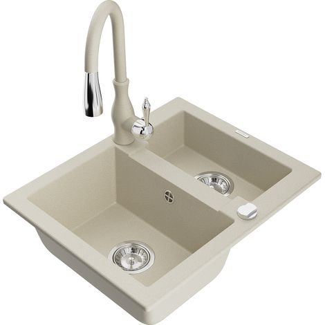 Mexen Carlos fregadero de granito de 1,5 senos con grifo de cocina Savita, beige - 6518-69-672601-69 (1/5)