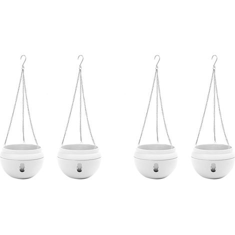 Macetero colgante automático de 4 piezas con cesta de riego, fabricado en plástico con ganchos y base desmontable, color blanco. (1/4)