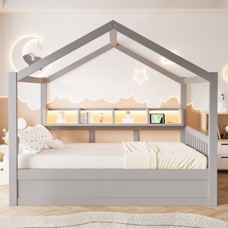 Lit Cabane 140x200 cm avec Coffre Hydraulique, LED et Prises, doté d’Étagères et de Niches de Rangement, avec Barrières et Sommier à Lattes Inclus, en Bois - Gris (1/5)