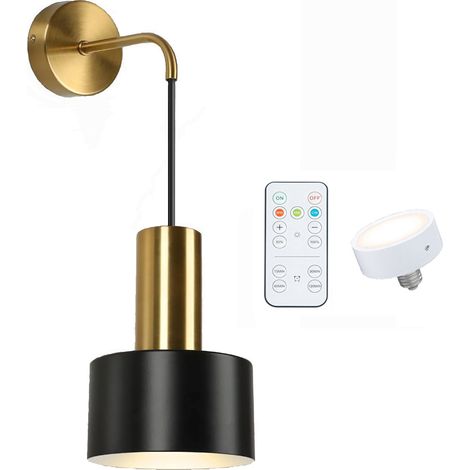 Packung batteriebetriebene Wandleuchten, gold - schwarzfarbene, kabellose, wiederaufladbare Wandlampen mit dimmbaren, abnehmbaren Glühbirnen mit 5200 mAh und Fernbedienung, 3 Farben, dekorative Wandle