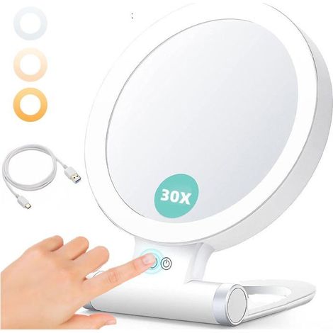miroir grossissant double face 1X/30X,3 modes d'éclairage de couleur, miroir à main à intensité variable, miroir de voyage portable (1/4)