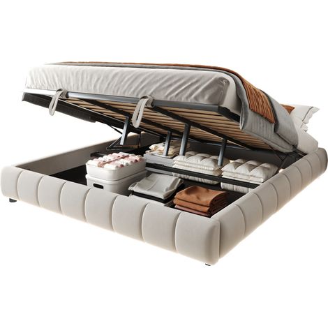 Lit capitonné 180 x 200 cm sans tête de lit, avec bande LED blanche, cadre hydraulique avec rangement, beige, pour chambre moderne  CHICFURN (1/5)