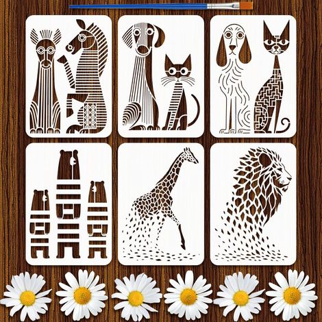 6Pcs Pochoir Peinture Animaux Abstraits Avec Pinceau Plastique 21x29.7cm Réutilisable Zèbre Chat Chien Dessin Modèle Ours Girafe Lion Pochoir Thème Animal Modèle pour Peinture sur Bois (1/5)