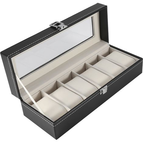 Écrin de rangement pour montres et bijoux 6 compartiments, cuir PU de qualité supérieure, étui de présentation et d'organisation, boîte à accessoires 1 pièce.