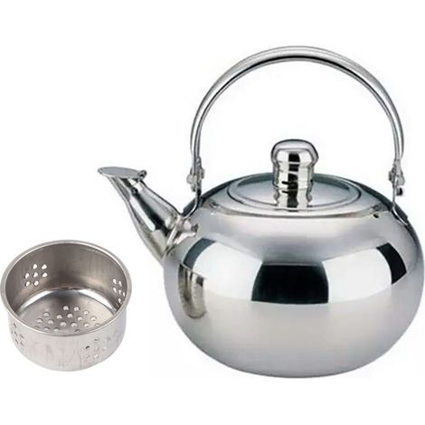 Théière ménagère argentée de 14 cm avec filtre et infuseur en acier inoxydable épais, idéale pour les restaurants.
