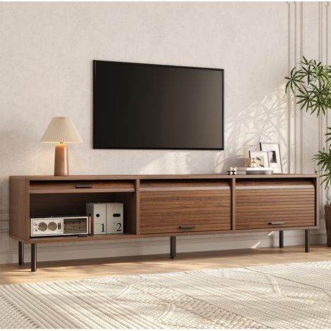 Mueble TV (180x40x55 cm), 3 puertas correderas verticales, compartimento central dividido, patas metálicas, MDF y PB, nogal (1/5)