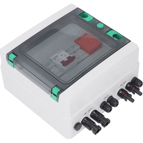 Boîtier de raccordement photovoltaïque étanche pour 2 chaînes, avec fusible 15 A et disjoncteur 32 A, 500 V CC (1/5)