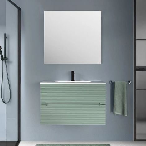 Mobile bagno sospeso 80 verde cannettato 2 cassetti lavabo e specchio Rigo (1/5)