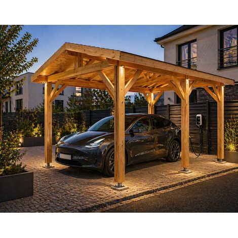 Carport bois Douglas 18 m² double pente 6 poteaux abri voiture extérieur garantie 10 ans (1/5)