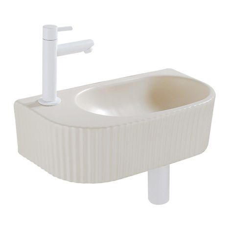 QeramiQ Fuente Ensemble de Lavabo - 40x21.5x12cm - gauche - strié - demi-rond - 1 trou de robinet - céramique - ensemble de robinet blanc mat -
