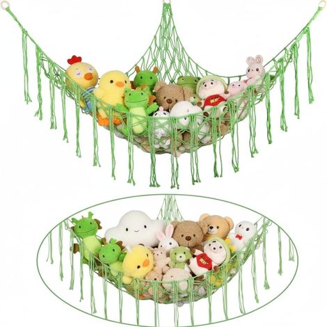 Juego de 2 redes de almacenamiento para peluches - Para un rincón de la habitación infantil - Hamaca de macramé - Verde manzana (1/5)