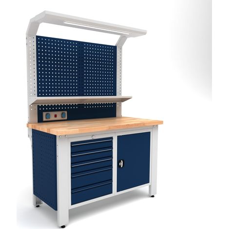 Établi d'atelier industriel 1400 mm PRACO W T66 - Plateau en hêtre massif - Éclairage LED - Tiroirs et armoire MW Tools PRAW1400T66 (1/3)