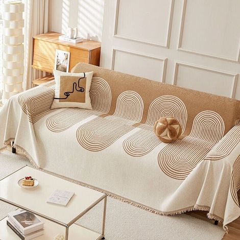 Housse de canapé réversible en chenille, couverture de canapé pour chiens, protection de canapé multifonctionnelle, motif de lignes géométriques, antidérapante, avec pompon Beige