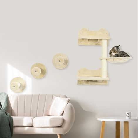 Wand-Kratzbaum 4-teilig mit Stufen, Kratzbrett und Hängematte 40 x 28 x 73 cm beige/creme OKMYHOME (1/5)