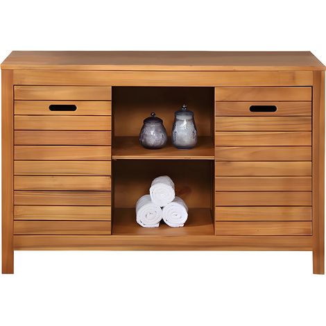 Vente-Unique – Meuble bas de salle de bain en acacia naturel foncé – Longueur 130 cm – 2 portes battantes – 2 niches et étagères pour rangement optimisé (1/5)