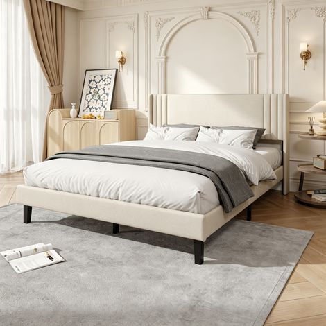 Lit double rembourré 160x200 cm – Cadre en bois et métal – Sommier à lattes – adapté aux adultes et adolescents, Beige (1/5)
