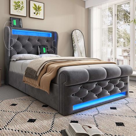 Lit cadre 90x200 cm gris en velours avec sommier inclus, coffre de rangement hydraulique, LED tête et pied de lit, USB Type-C, sans matelas (1/5)