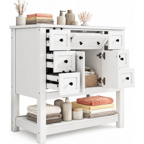 ELVMI Waschbeckenunterschrank 7 Schubladen, Doppeltürschrank, Keramikbecken, MDF Weiß, 91.5 x 46.5 x 90 cm (1/5)