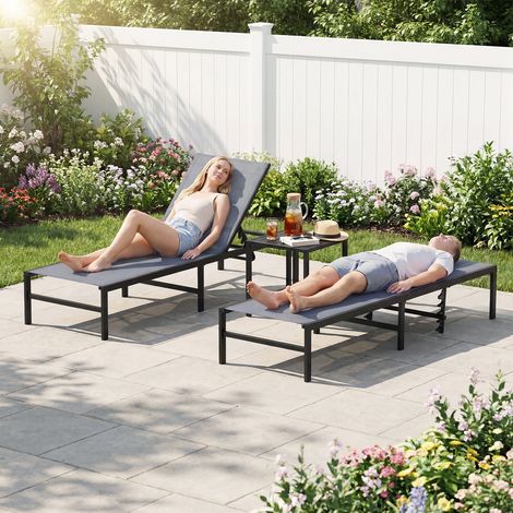 Lot de 2 bains de soleil gris en acier avec dossier réglable sur 6 positions et tissu respirant pour jardin terrasse et intérieur (1/5)