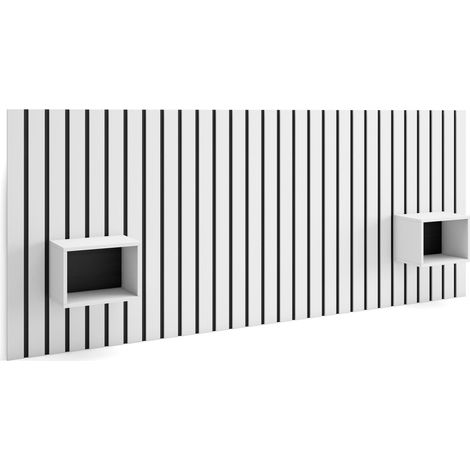 Skraut Home - Cabecero con mesitas - Listones Decorativos - 258x3x107 cm - Cama de 150,160,180 cm - Con almacenamiento - Estilo Moderno - Blanco (1/5)